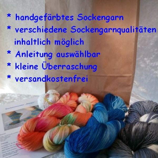 Überraschungstüte für Sockenstricker/innen, handgefärbt, Sockenwolle, Geschenk, Anleitung, Geschenktasche, Überraschung, CreativEcke,