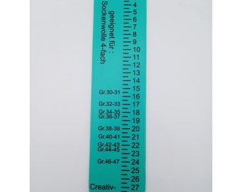 Sock ruler green, for knitting socks from top to bottom, 4-ply yarn, size 30 to 47, suitable for all heel shapes,