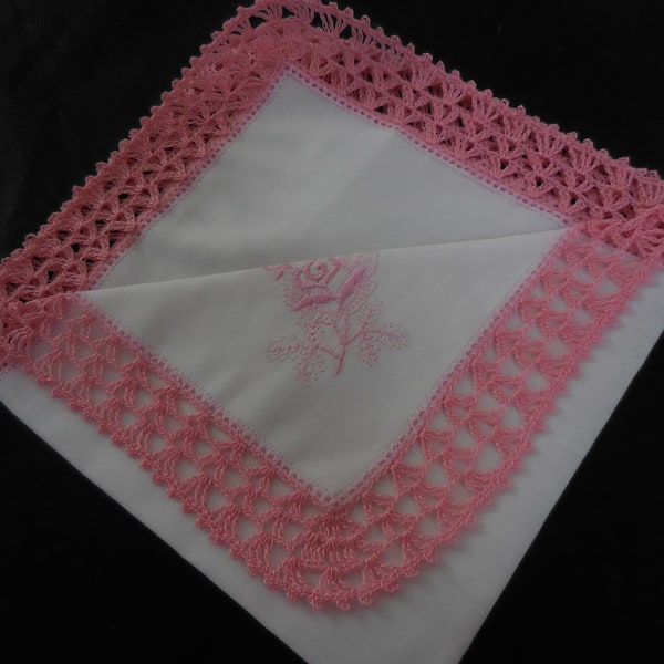 Stofftaschentuch mit Häkelspitze vintage rosa Taschentuch