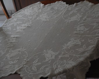 Grande nappe crochetée main couleur naturelle 130 cm x 113 cm Article vintage de l'Art Nouveau