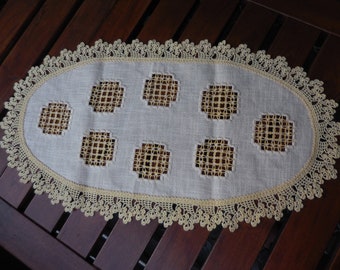 Ovale Decke Leinen Hohlsaum Häkelborte natur/gelb Hardanger Vintage Sehr schöne Handarbeit Edel