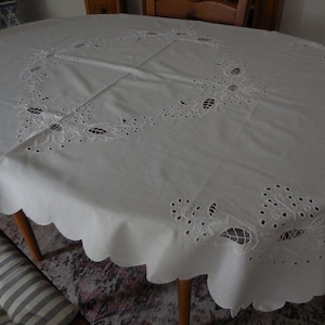 Tischdecke Baumwolle weiß Weißstickerei Hohlsaum 148 cm x 110 cm vintage top erhalten