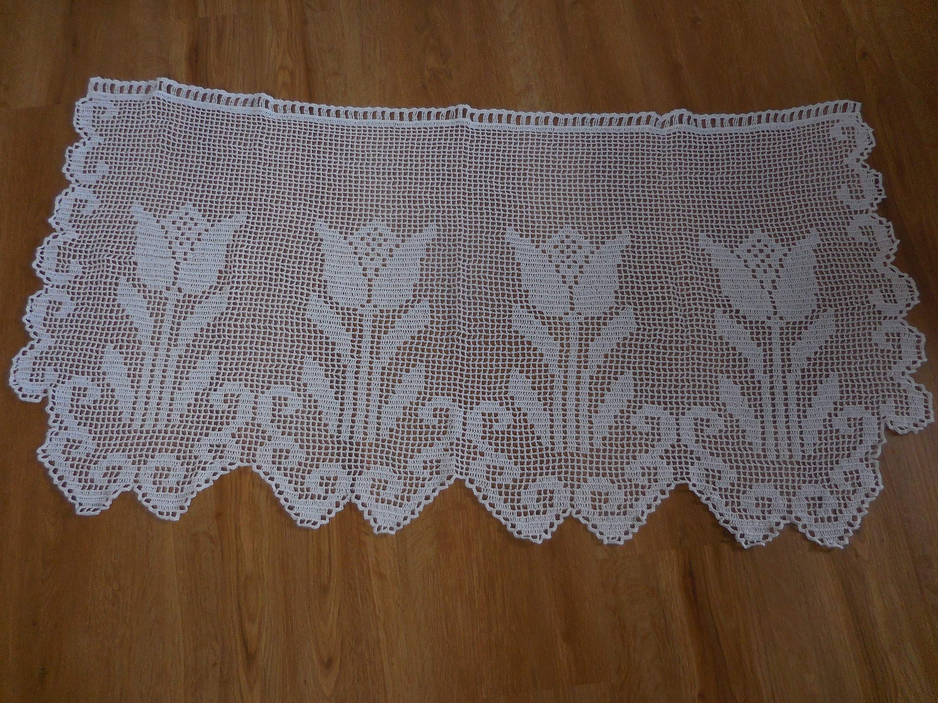 Crochet curtain white tulips 110 cm x 60 cm scalloped edge cotton