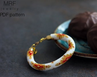 Patrón de pulsera de cuentas de crochet: Diseño bohemio en rojo, blanco y dorado (patrón PDF)