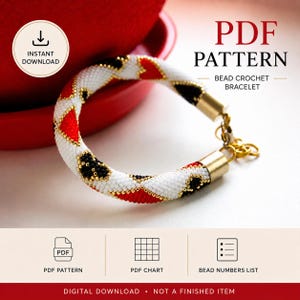 Patroon voor een gehaakte kralenarmband, met rode, zwarte en witte kraaltjes (digitale download).