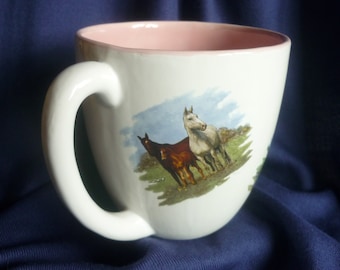 Cup, large, coffee, tea, 700ml, handmade, large cup with different horses, horseback riding, single piece