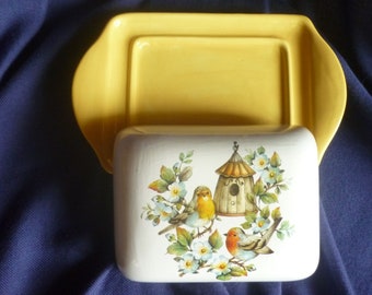 Butter dish robin, birdhouse, spring, flowers, coffee table, breakfast,