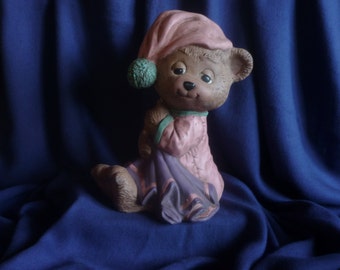 Teddy with sleeping cap and comforter made of ceramic, handmade, hand-painted,