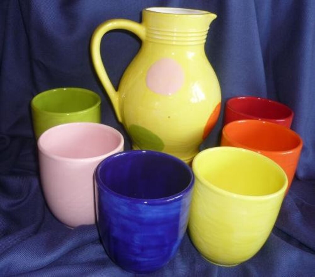 Krug mit 6 Bechern,bunt,Saft,Wein,Limonade,Limo,Set,Garten Etsy.de