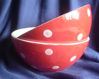 2 red bowls with white dots, bowl, bright red, fruit bowl,