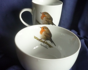 Cup and cereal bowl with robins, birds, bird,