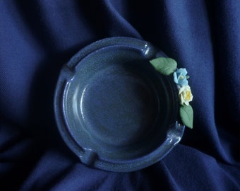 Blue ashtray with roses.Handmade