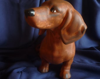 Dachshund marrón rojo, pelo corto, figura de cerámica, perro, deco, Waldi