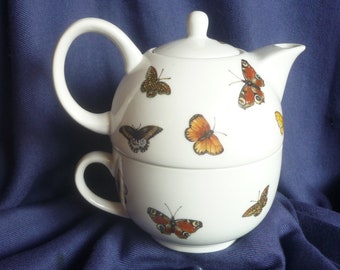 Teapot with cup as set butterflies, tea, breakfast, unique