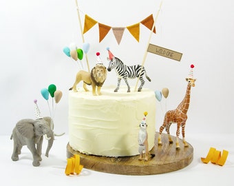 Safari Cake Topper Kit, Animal Mini Party Hat Cake Topper - Felt Bunting Topper, Cake Flag Banner, Safari Birthday