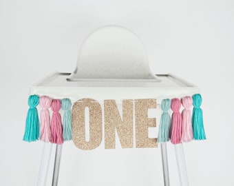 First Birthday Banner with Tassels, Party Hat, High Chair Garland - Pink, Aqua, Baby Girl, Bunny, 1st First Birthday Decoration