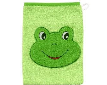 Waschhandschuh bestickt mit Motiv Frosch und Wunschnamen