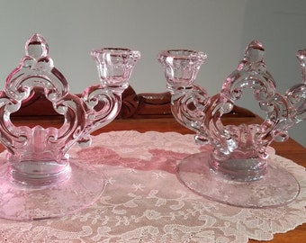 Set of 2-Light Candlesticks by Cambridge in the Wildflower Clear Pattern