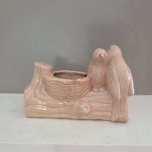 May include: A light pink ceramic bird planter featuring two birds perched on a log with a nest. The planter has a small opening for plants or flowers. The birds are facing each other.
