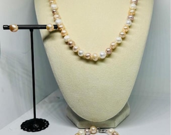 Sterling Silver Three Piece Set Multi Color Fresh Water Potato Pearls Necklace, Bracelet, Earrings Elegant Jewelry