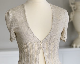 Crochet jacket for wedding, beige linen-cotton blend, short-sleeved, size 36