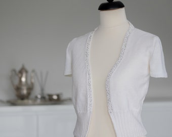Cardigan for wedding, white wool, short-sleeved, size 36-38