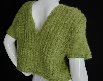 Pullover,Top,Strickpullover,Oberteil,Shirt,Sweater,Gr.38-40, SizeM,halblanger Arm,grün,Mohair,Wolle,handgestrickt,handgefertigt,