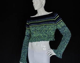 Maglione,Crop-Top,Maglia,Top,Camicia,Maglione,Gr.38-40, SizeM,Manica Lunga,Blu,Verde,A Righe,Cotone,Fatto a mano,Fatto a mano,