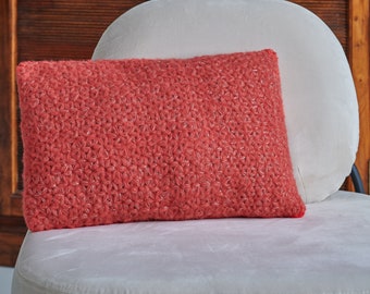 Kissen,Kissenbezug,Kissenhülle,30x50cm,Inlett,rechteckig,Wolle,Kunstfaser,Mohair,Jasmin-Muster,handgefertigt,dekorativ,rot,silber,Wohndekor