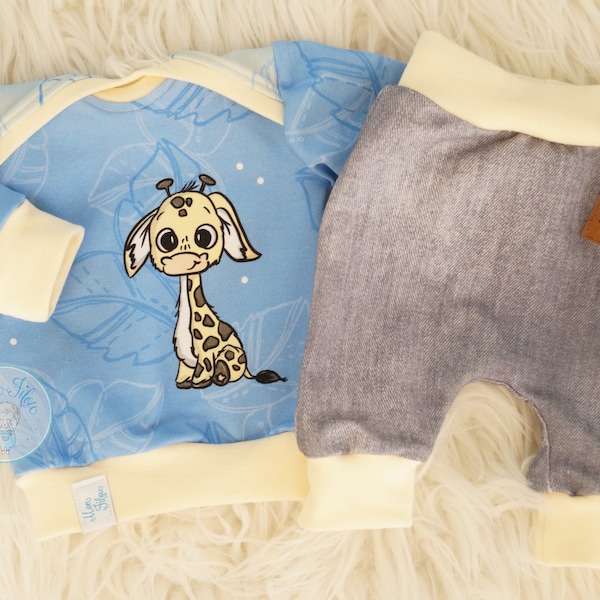 set de bébé, 2pcs, taille 50, giraffe, bleu-gris,cadeau naissance,bébé shirt,pantalon bébé,prématuré