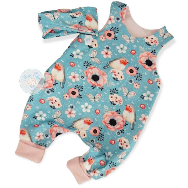 set bébé, taille 62,fleurs,oiseau,salopette,cadeau naissance, nouveau né,fait main,rose,gigoteuse,rose,fille,cadeau parents,foulard,bleu