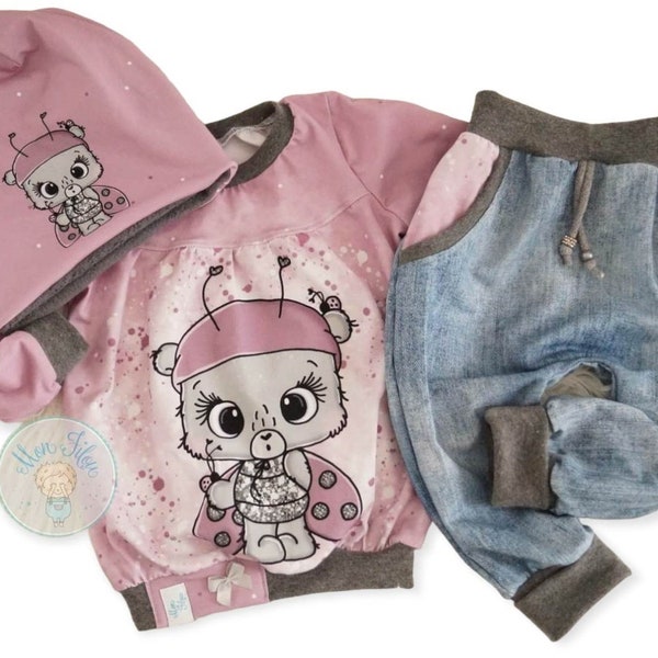 set, 3pcs, taille 86, coccinelle, shirt pantalon bonnet, rose-jeans,ensemble bébé,fille,cousu,fait main,fait maison,handmade in france