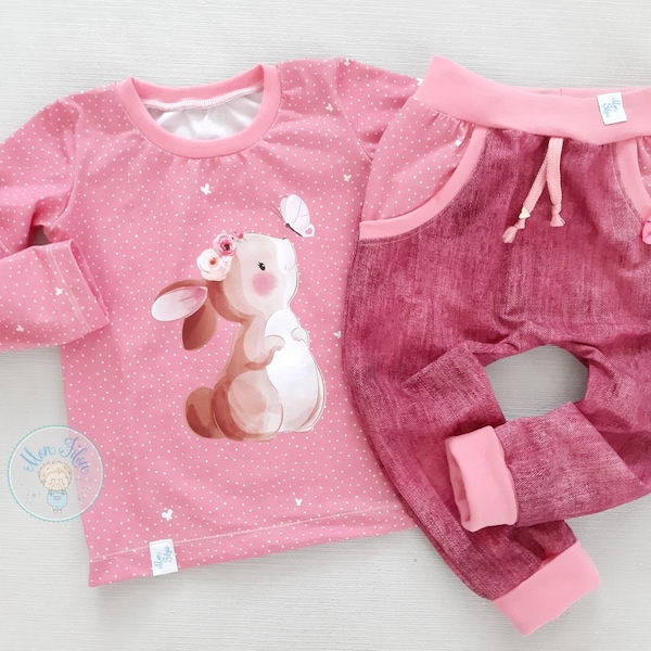 2tlg Set, Gr. 92, Hase mit Schmetterling, Mädchenset, Kinderkleidung, handmade Unikat, handgemacht, Stoffduo