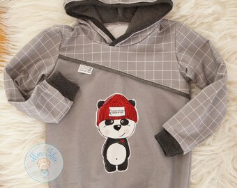 pull à capuche, taille 110,panda, fait main,pull garcon, faitmain, cousu, cadeau anniversaire,vert,cadeau garcon,faitmaison,unique,gris