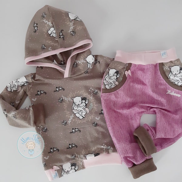 set, 2pcs, taille 86,ours,fille,fait main, cadeau anniversaire,fotoshoot,école,handmade,pull fille,pantalon fille,pull à capuche,rose,brun