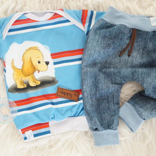 mignon set de bébé, 2pcs, taille 74, chien, Happy, bleu, shirt garcon, pantalon garcon, cousu, faitmain, vêtement cousu