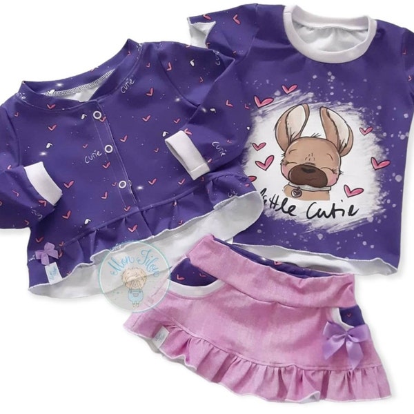 set, 3pcs, taille 86, chien, little cutie, lilac-rose. set fille, fait main, shirt fille, bolero, veste, jupe, rose-lilac