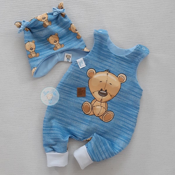 set bébé, taille 50,ours,salopette,cadeau naissance, nouveau né,prématuré,fait main,unique,gigoteuse,bleu,garcon,cadeau parents,bonnet bébé