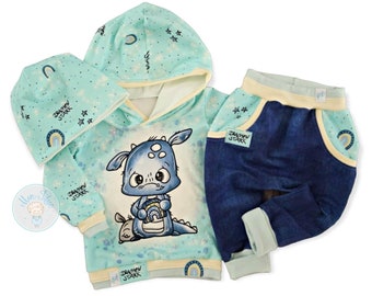 set de bébé,3pcs,taille 80,dragon,vert,garcon,fait main, unique, set garcon, cousu, cadeau anniversaire,vêtements enfant,couture,paneau,bleu