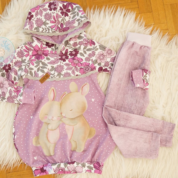 set, 2pcs, taille 86, lapin, lilac, ensemble bébé, unique, fait main, vêtement bébé