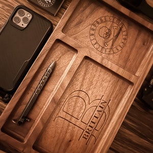 Personalized Solid Hard Wood Catchall/Wallet Valet with reliefs for phone, keys, pens, etc