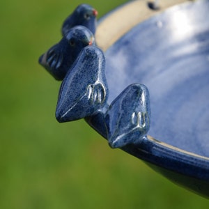 Pode incluir: Um bebedouro para p&aacute;ssaros de cer&acirc;mica azul com quatro pequenos p&aacute;ssaros azuis empoleirados na borda. O bebedouro est&aacute; cheio de &aacute;gua e tem um esmalte branco.