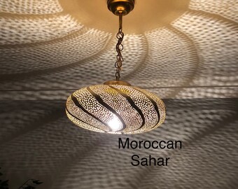 Handmade Moroccan Brass Pendant Light: Engraved Ceiling Lamp