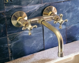 Unlacquered Brass Wall Mount Faucet: Solid Brass Tub Filler with Cross Handles