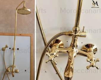 Unlacquered brass shower system with tub filler, and hand shower, Exposed Pipe, brass Rain shower head