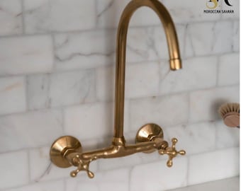 Unlacquered Brass Wall Mounted Bridge Faucet, Solid Brass Kitchen Faucet ,Faucet Brass
