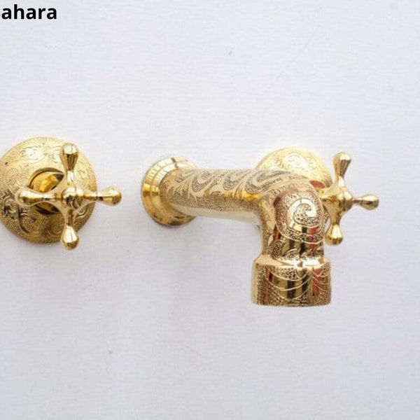 Unlacquered Brass Wall Mounted Faucet for Vessel Sink & Bathroom Vanity, Engraved Antique Brass Sink Faucet