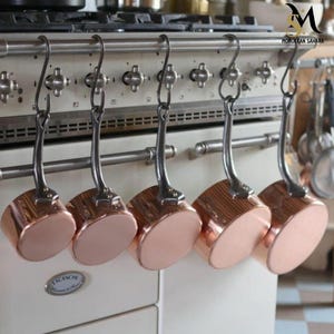 Vintage fransk kopparkokkärlsset, 5 delar tennfodrade kastruller, 12 cm-20 cm, vintage hamrade stekpannor med gjutjärnshandtag