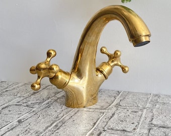 Unlacquered Brass Single Hole Bathroom Faucet , Bathroom Sink Vanity Faucet with Simple Cross Handles