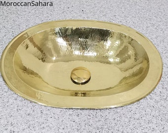 Lavello ovale in ottone non laccato realizzato a mano, lavabo a incasso in ottone